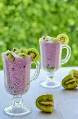 Healthy chia seeds pudding in two glasses with yogurt and fresh sliced kiwi fruit. Detox superfoods breakfast or diet dessert on the blurred nature background. Close up view