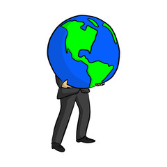 businessman holding big blue planet earth vector illustration sketch doodle hand drawn with black lines isolated on white background