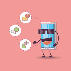 cartoon cool smartphone with social media related icons over pink background, colorful design. vector illustration