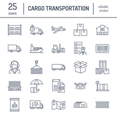 Cargo transportation flat line icons. Trucking, express delivery, logistics, shipping, customs clearance, cargoes package, tracking and labeling symbols. Transport thin signs for freight services.