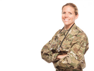 Female Army doctor in uniform with copy space.