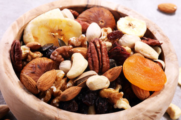 Composition with dried fruits and assorted healthy nuts