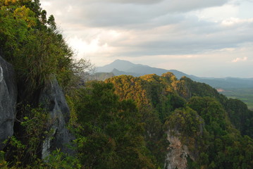 View from Tiger Cave to beautiful mountains and rocks of Krabi, Thailand