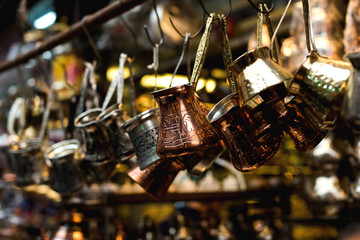 Turkish coffee pots, also know as ibrik, cezve, and briki in a street maket