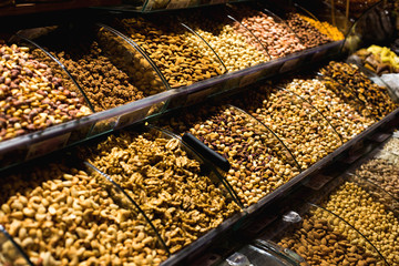 The famous oriental market. Dried nuts and spices in Istambul,