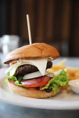 Beef hamburger with fries