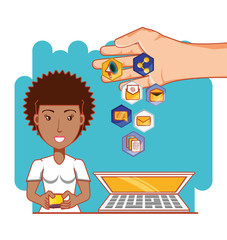 black businesswoman with social media icons vector illustration design