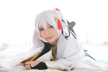 Japan anime cosplay , white japanese miko in white tone room