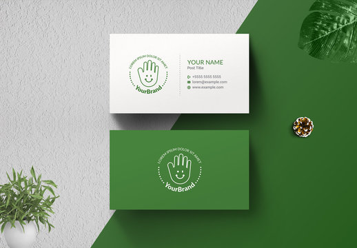 Business Card Layout with Smiley Face Hand Illustration