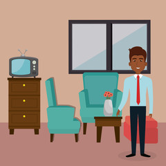 young man in the living room character scene vector illustration design