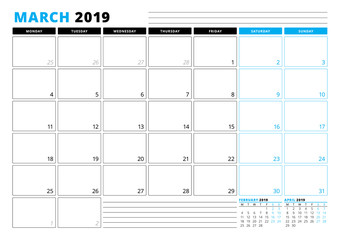 Calendar Template for March 2019. Business Planner Template. Stationery Design. Week starts on Monday. 3 Months on the Page. Vector Illustration