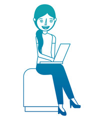 young woman sitting using laptop vector illustration neon design