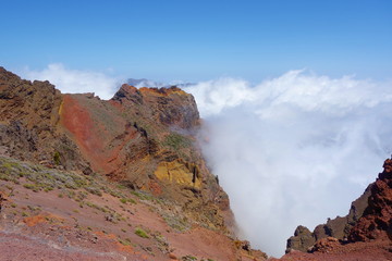 Hiking trail GR131 Rute de los Volcanes leading on the edge of Caldera de Taburiente which is the largest erosion crater in the world, La Palma, Canary Islands, Spain