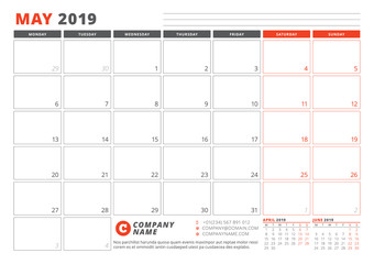 Calendar Template for May 2019. Business Planner Template. Stationery Design. Week starts on Monday. 3 Months on the Page. Vector Illustration