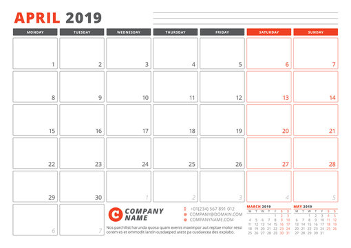 Calendar Template for April 2019. Business Planner Template. Stationery Design. Week starts on Monday. 3 Months on the Page. Vector Illustration