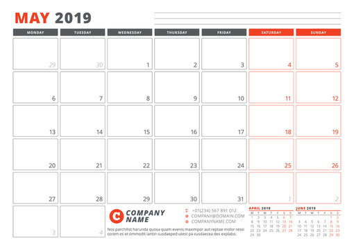 Calendar Template for May 2019. Business Planner Template. Stationery Design. Week starts on Monday. 3 Months on the Page. Vector Illustration
