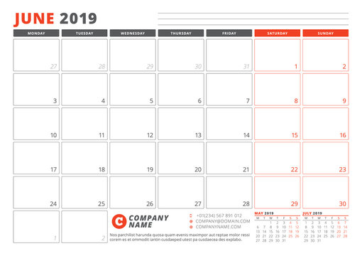 Calendar Template for June 2019. Business Planner Template. Stationery Design. Week starts on Monday. 3 Months on the Page. Vector Illustration