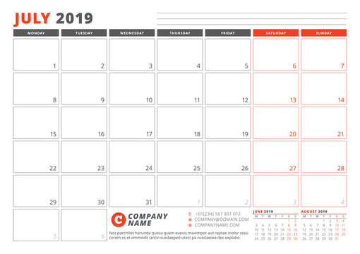 Calendar Template for July 2019. Business Planner Template. Stationery Design. Week starts on Monday. 3 Months on the Page. Vector Illustration