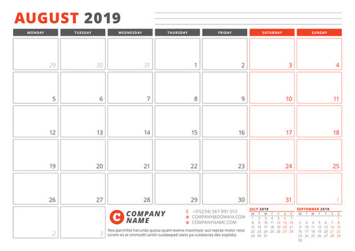 Calendar Template for August 2019. Business Planner Template. Stationery Design. Week starts on Monday. 3 Months on the Page. Vector Illustration