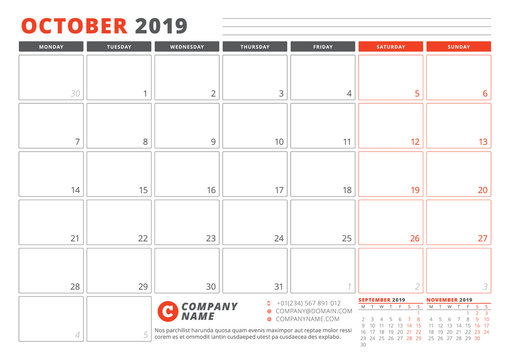 Calendar Template for October 2019. Business Planner Template. Stationery Design. Week starts on Monday. 3 Months on the Page. Vector Illustration