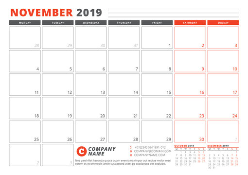 Calendar Template for November 2019. Business Planner Template. Stationery Design. Week starts on Monday. 3 Months on the Page. Vector Illustration