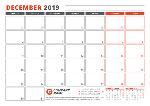 Calendar Template for December 2019. Business Planner Template. Stationery Design. Week starts on Monday. 3 Months on the Page. Vector Illustration