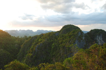 View from Tiger Cave to beautiful mountains and rocks of Krabi, Thailand