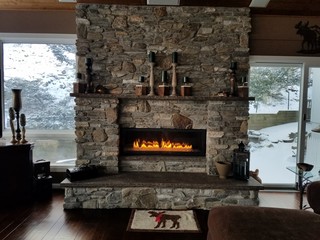 Cozy Home/Vacation Spot With Fireplace A-Glow, in Warm Brown and Grey Tones; Masonry Talent, Vacation, Travel Themes