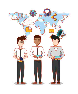 businessmen group with social media icons vector illustration design