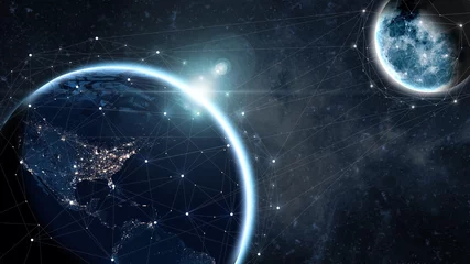 Zelfklevend Fotobehang Global communication network concept network dots surrounding planet earth with focus on America. Information exchange via satellites. © Thomas