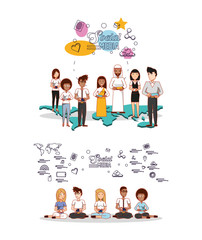 Fototapeta premium people of different ethnic groups with social media icons vector illustration design