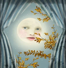 Keuken foto achterwand Surrealisme Fantasiebeeld van een volle maan met een vrouwelijk gezicht tussen twee gordijnen