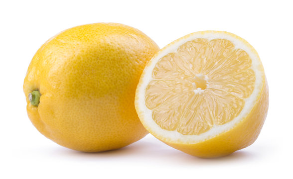 yellow lemon citrus fruit with lemon fruit half isolated on white background with clipping path