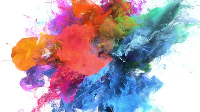 Color Burst - colorful blue magenta pink orange yellow  green cyan smoke explosion fluid gas ink particles slow motion alpha matte isolated on white