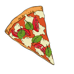 Piece of pizza with basil and tomatoes isolated on white background. Doodle ink sketch. Hand drawn vector illustration.