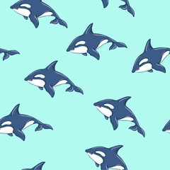 Seamless pattern with blue dolphins on light blue background. Hand drawn vector illustration