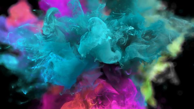 Color Burst - colorful cyan magenta pink green smoke explosion fluid gas ink particles slow motion alpha matte isolated on black macro close-up