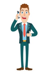 Businessman talking on mobile phone and showing thumb up