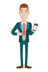 Businessman holding mobile phone and showing thumb up