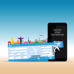 air ticket with mobil phone illustration