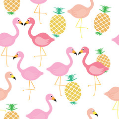 Fototapeta premium Flamingo bird with pineapple tropical fruit seamless pattern background.