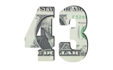 43 Number. American dollar banknotes. Money texture. Isolated on white background