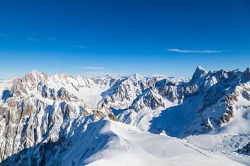 Picturesque view snowy mountain peaks panorama, Mont Blanc, Chamonix, Upper Savoy Alps, France