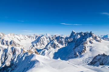 Picturesque view snowy mountain peaks panorama, Mont Blanc, Chamonix, Upper Savoy Alps, France