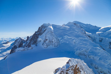 Chamonix Mont Blanc mountain. View of Auguille Du midi observation. France.