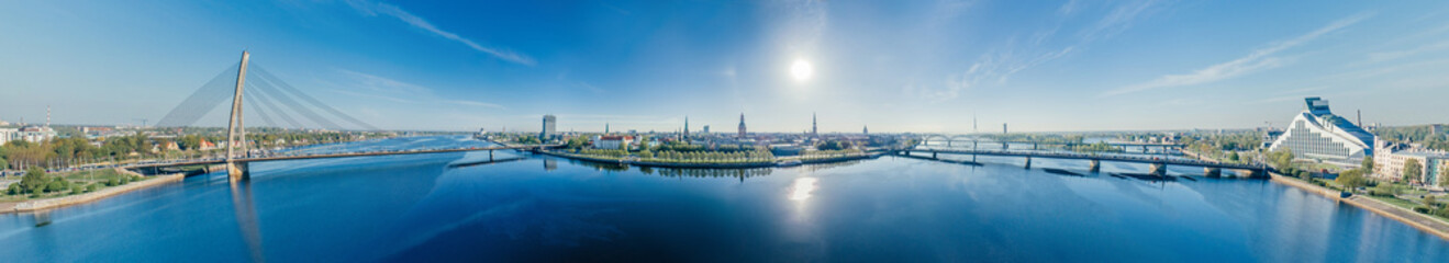 Obraz na płótnie Canvas City Riga Daugava river drone sphere 360 vr view