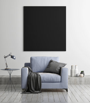 Mock up black poster with armchair, concept living room, 3d render, 3d illustration