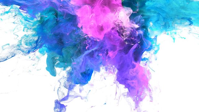 Color Burst - colorful blue pink cyan purple smoke explosion from above fluid gas ink particles slow motion alpha matte isolated on white