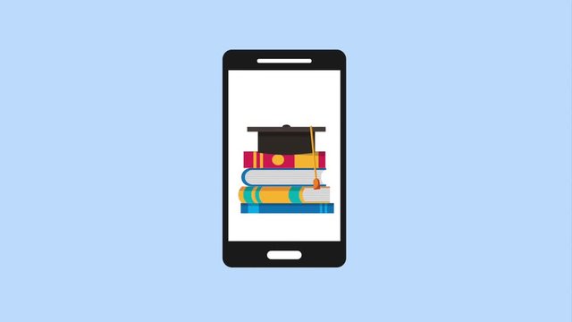 smartphone graduation hat and pile books online app