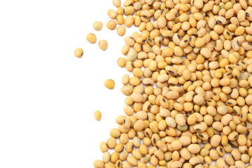 Soybeans isolated on white background. top view